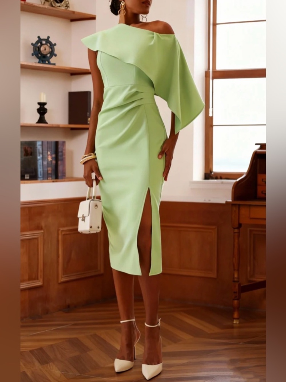 NEW Fehaute Pistachio Green Asymmetric Neckline Ruched Sheath Dress L Wedding